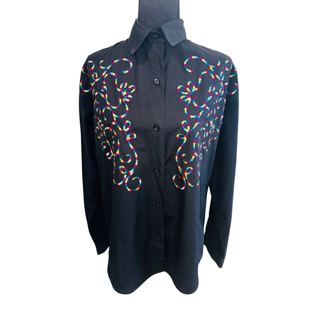 Vintage Frontier Womens Black L/S Button Western Shirt Embroidery L Cowgirl Top